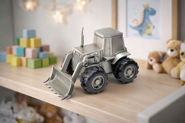 Tinapintainen traktori-säästölipas kauhalla lastenhuoneen hyllyllä