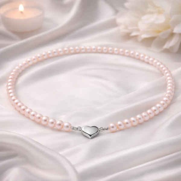 roosa kastehelminauha makeanvedenhelmistä hopeisella sydänlukolla kastelahjaksi vauvalle
