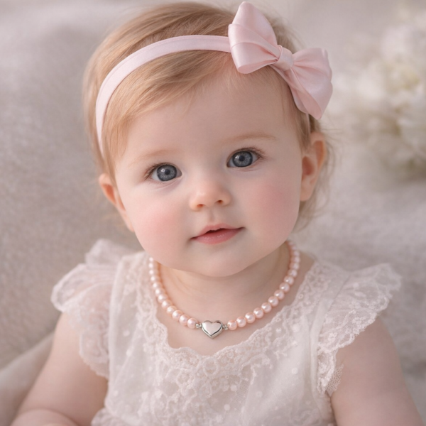 vauva käyttää roosaa kastehelminauhaa makeanvedenhelmistä hopeisella sydänlukolla