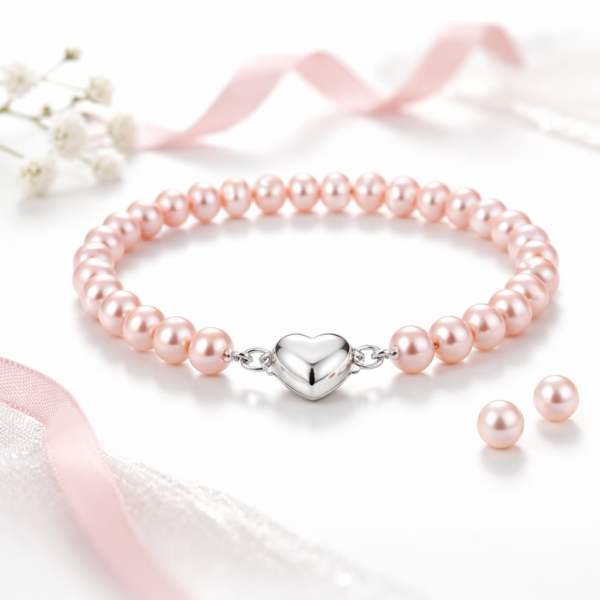 Vaaleanpunainen makeanvedenhelmirannekoru vauvalle sydänlukolla kastelahjaksi