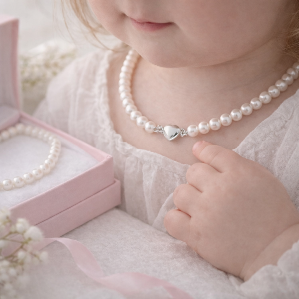 vauvan kaulassa valkoinen kastehelminauha sydänlukolla kastelahja