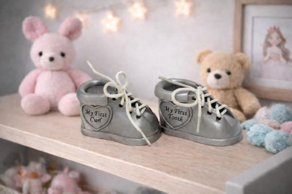 ensihammas ja ensikihara rasiat kengät lastenhuoneen hyllyllä
