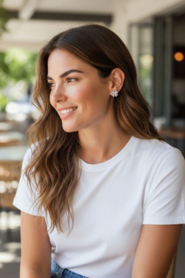 Nainen käyttää 14k rodinoituja valkokultaisia timanttikorvakoruja