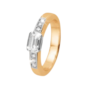 18K kultainen timanttisormus, jossa suuri keskikivi ja sivutimantteja.