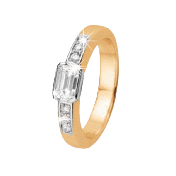 18K kultainen timanttisormus, jossa suuri keskikivi ja sivutimantteja.