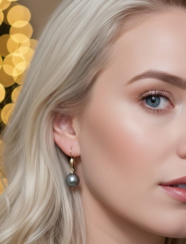 Korvakorut harmaa helmiäishelmi 12mm, 14k kultaa - Image 4