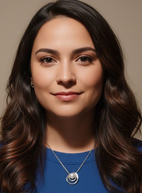 Nainen käyttää modernia hopeista kaulakorua, jossa 22 mm hopeariipus.