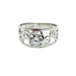 Hopeinen filigraanisormus kirkkaalla zirkoniakivellä