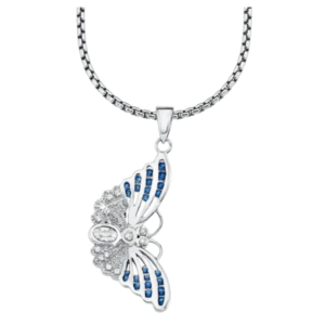 Hopeinen perhosriipus sinisillä ja valkoisilla cubic zirkoniakivillä