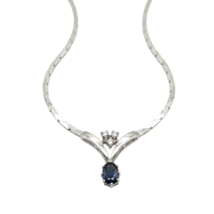 14k valkokultainen vintage-safiiri–timanttikaulakoru, sinisafiiri ja timantit