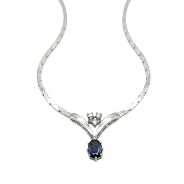 14k valkokultainen vintage-safiiri–timanttikaulakoru, sinisafiiri ja timantit
