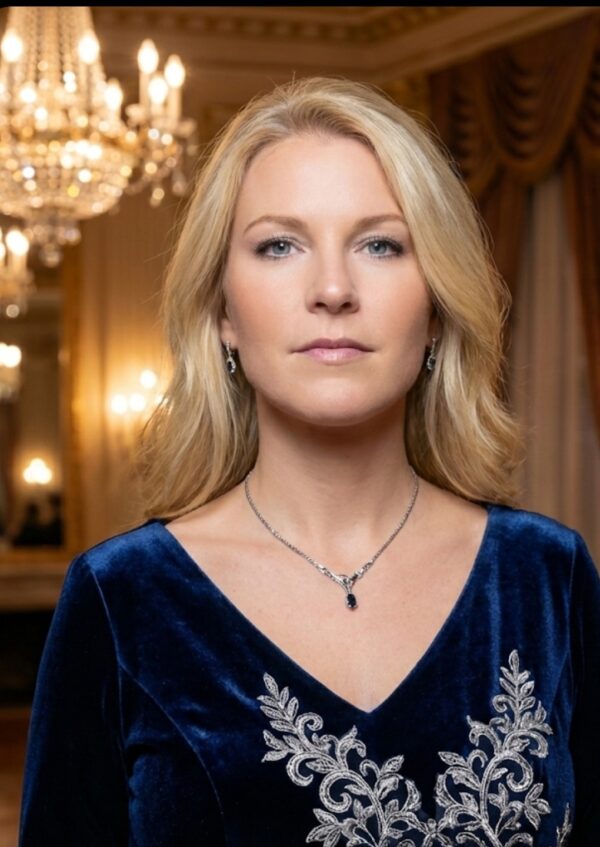 Valkokultainen safiiri–timanttikaulakoru mallin kaulassa juhlatilaisuudessa