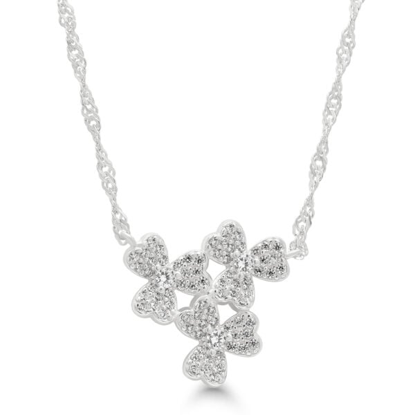 Rodinoitu hopeakaulakoru, kolme zirkoneilla koristeltua apilaa