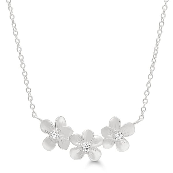 Rodinoitu hopeakaulakoru, kolme kukkaa zirkoneilla