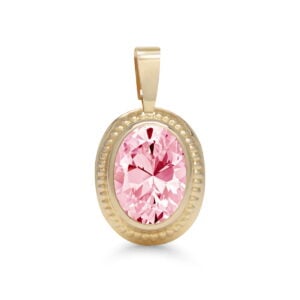 Keltakultainen ovaaliriipus, jossa 6×8 mm vaaleanpunainen zirkoni.