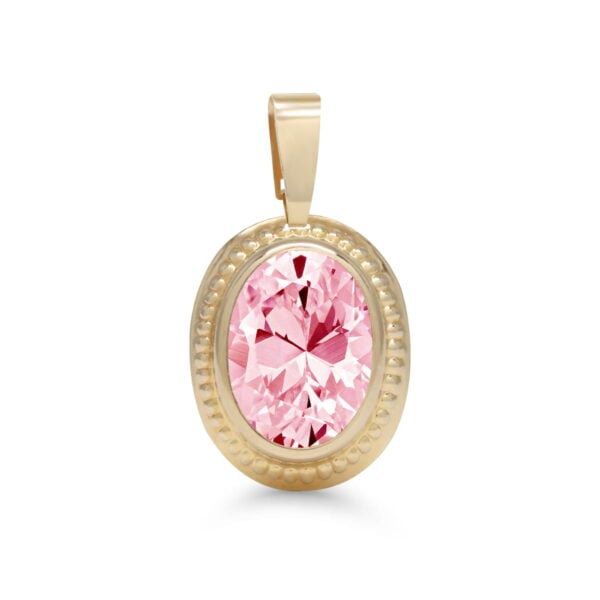 Keltakultainen ovaaliriipus, jossa 6×8 mm vaaleanpunainen zirkoni.