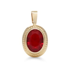 Keltakultainen ovaaliriipus, jossa 6×8 mm punainen zirkoni.