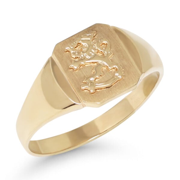 Suomi Leijona -kantasormus 14K keltakultaa, kohokuvioitu leijona