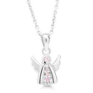 Lasten hopeinen enkeliriipus vaaleanpunaisilla zirkoneilla ja hopeaketjulla