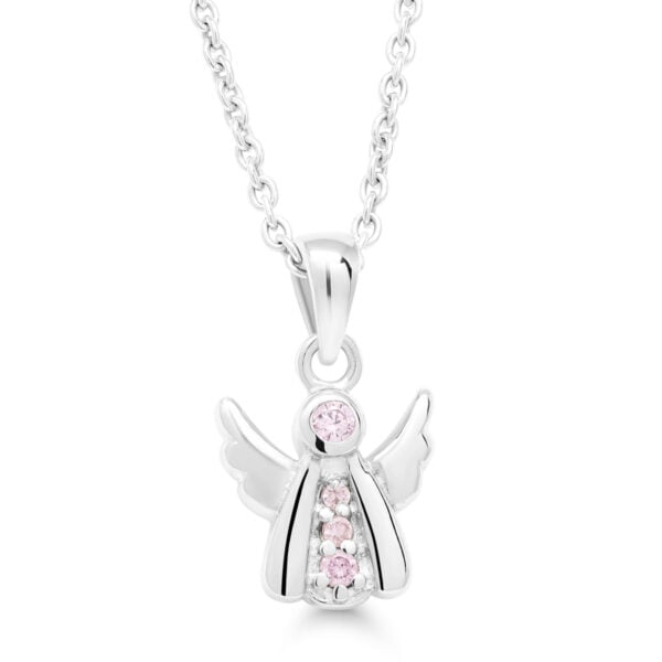 Lasten hopeinen enkeliriipus vaaleanpunaisilla zirkoneilla ja hopeaketjulla
