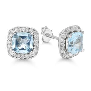 Halo-hopeakorvakorut, joissa neliönmuotoinen aito topaasi ja zirkonikehys.