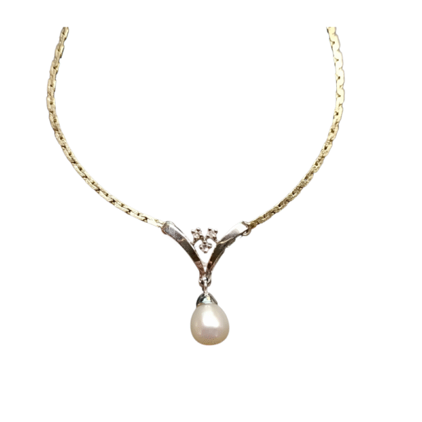 Vintage 14k kulta–valkokulta kaulakoru – merivesihelmi & timantit – 42 cm - Image 3