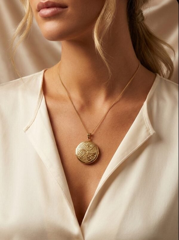 Vintage 18k keltakultainen medaljonki, kohokuvioitu etupinta ja sileä takapinta, halkaisija 33 mm.