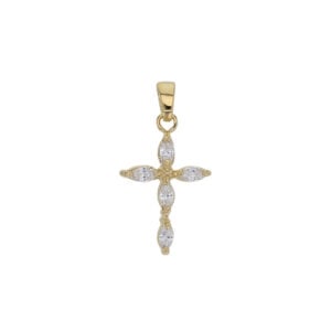 Kullattu ristiriipus, jossa marquise-hiotut kirkkaat zirkoniat.