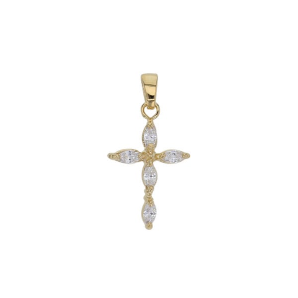 Kullattu ristiriipus, jossa marquise-hiotut kirkkaat zirkoniat.