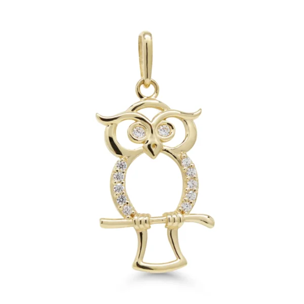 Keltakultainen avoin pöllöriipus, koristeltu kirkkailla zirkoneilla.