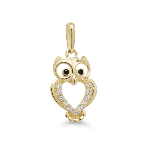 Keltakultainen pöllöriipus, jossa sydänmuotoinen runko ja zirkonikivet.