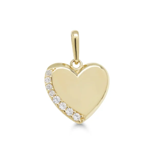 Keltakultainen sileä sydänlaattariipus, jossa zirkonirivi.