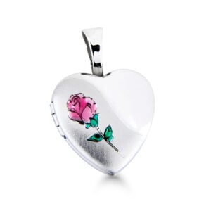 Hopeinen sydämenmuotoinen medaljonki, jossa värikäs ruusukuvio