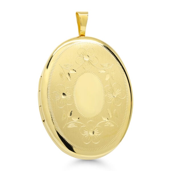 Kullattu ovaalinmuotoinen hopeamedaljonki kaiverretulla köynnöskuviolla