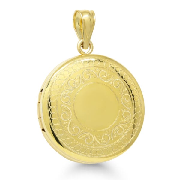 Kullattu pyöreä hopeamedaljonki koristekaiverruksella