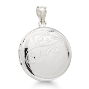 Rodinoitu hopeinen pyöreä medaljonki köynnöskaiverruksella