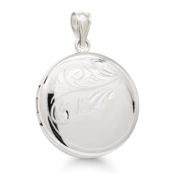 Rodinoitu hopeinen pyöreä medaljonki köynnöskaiverruksella