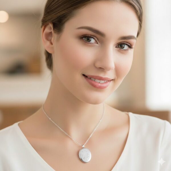 Hopeinen ovaali medaljonki – kukkakaiverruksella 27mm - Image 4