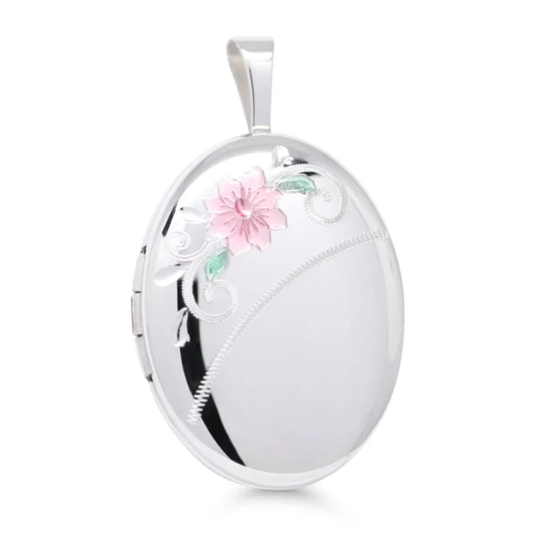 Hopeinen ovaali medaljonki, jossa värikäs kukkakaiverrus