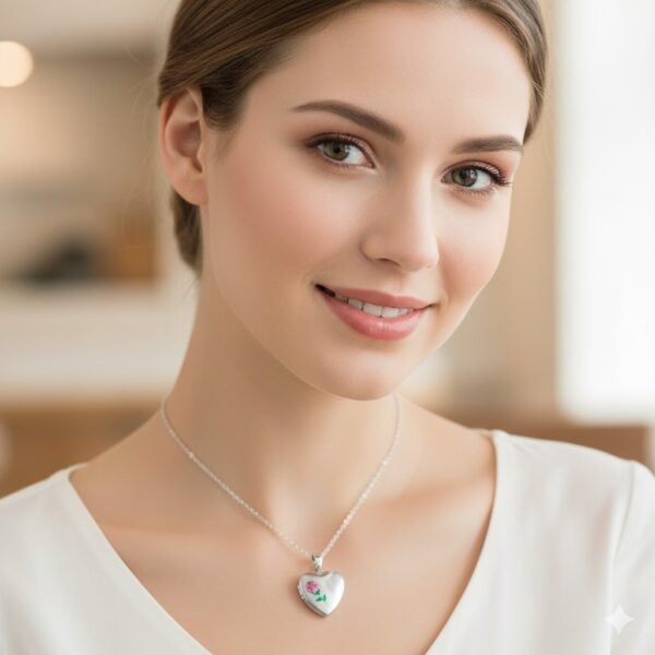 Hopeinen sydämenmuotoinen medaljonki, jossa värikäs ruusukuvio - Image 3