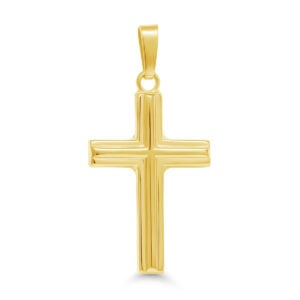 Keltakultainen ristiriipus kiiltävällä pinnalla ja uritetulla yksityiskohdalla