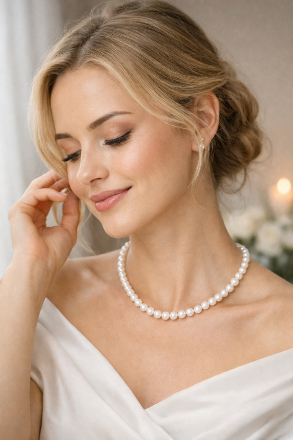 AAAA makeanveden helminauha 7–7,5 mm hopealukolla naisen kaulalla