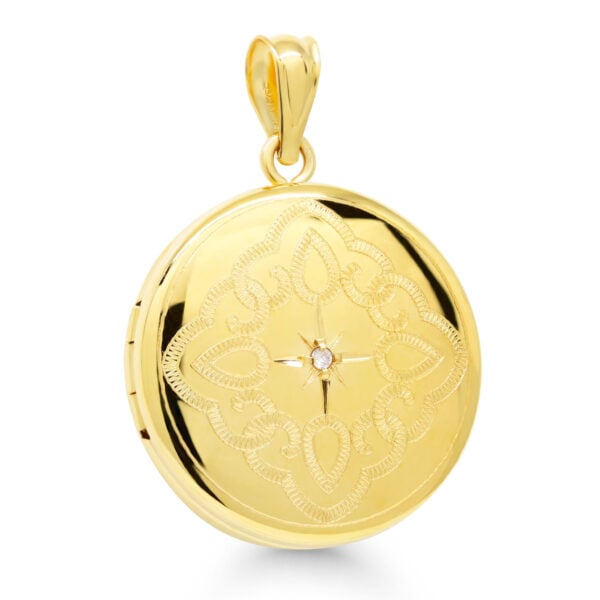 Hopeamedaljonki pyöreä 20mm timantilla – 14K kulta pinta